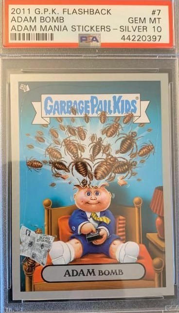 2011 Topps Garbage Pail Kids Flashback Adam Mania Stickers Silver #7 Adam Bomb front