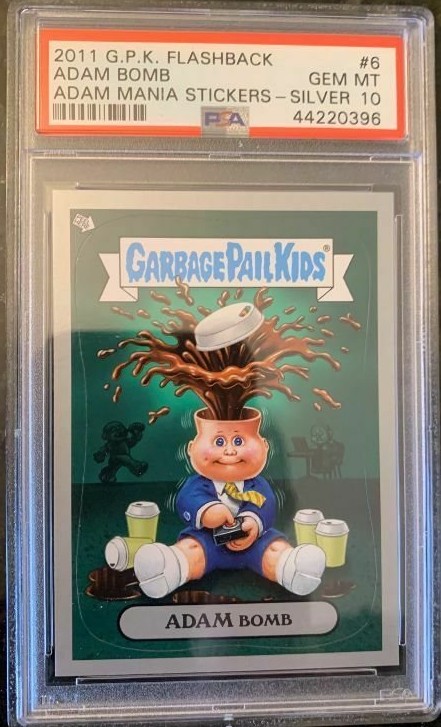 2011 Topps Garbage Pail Kids Flashback Adam Mania Stickers Silver #6 Adam Bomb front