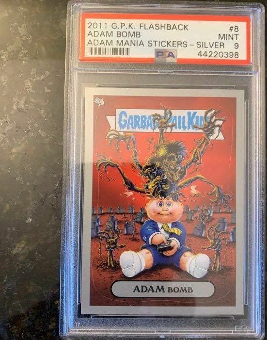 2011 Topps Garbage Pail Kids Flashback Adam Mania Stickers Silver #8 Adam Bomb front