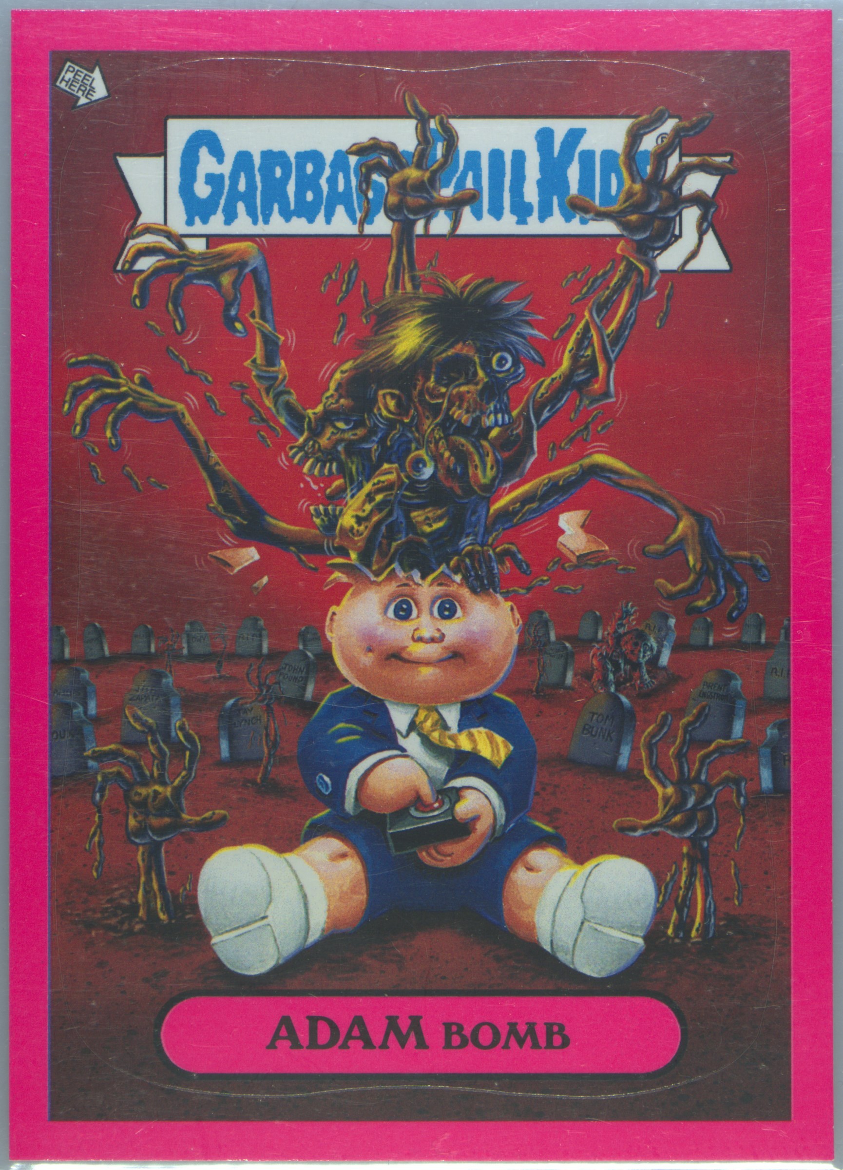 2011 Topps Garbage Pail Kids Flashback Adam Mania Stickers Pink #8 Adam Bomb front